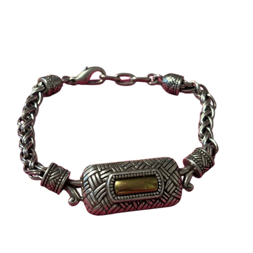 BRIGHTON Trevis Silver Gold Bar Bracelet‎ 7" Feminine Textured Jewelry Classic